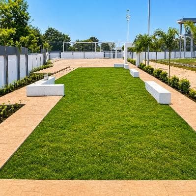 Landscaped lawn with seating