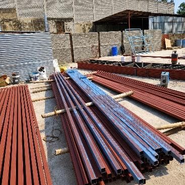 Structural steel members on site